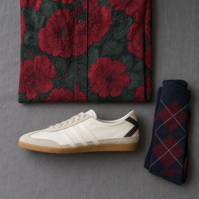 NG2-踵の襷モチーフと派手柄ソックスとプリント服がケンカして足元のディテールが死ぬ