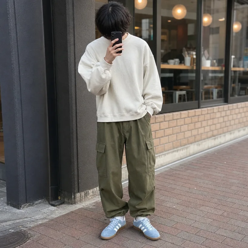 メンズコーデ3-オーバーサイズスウェットとワイドカーゴの90sストリート
