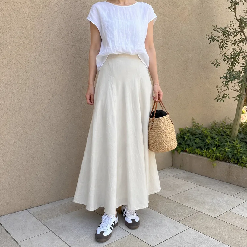 レディースコーデ1-リネン-ロングスカートの大人フェミニン